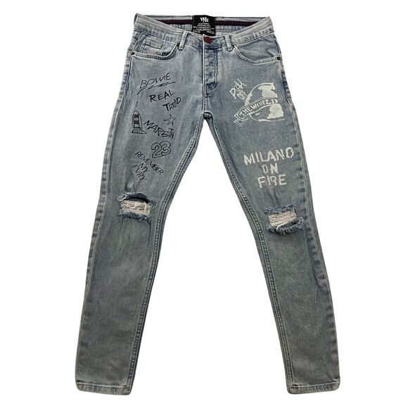 WR Wave Rider Jeans Wear Womens Size 30 Blue Distressed All Over Graffiti Print - Picture 1 of 16